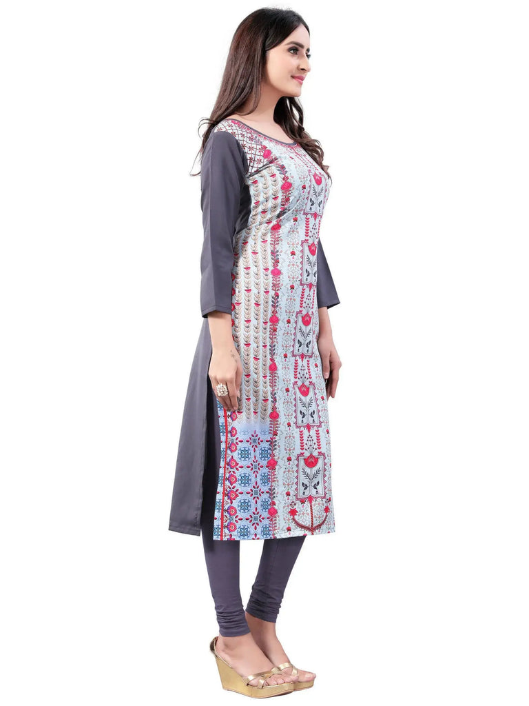 Gray Digital Floral Printed Crepe Readymade Kurti