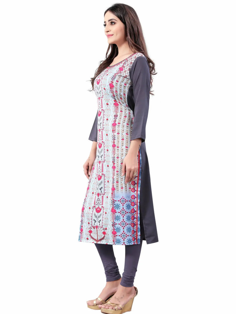 Gray Digital Floral Printed Crepe Readymade Kurti