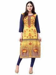 Yellow-Navy Blue Digital Floral Printed Crepe Readymade Kurti