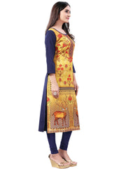 Yellow-Navy Blue Digital Floral Printed Crepe Readymade Kurti