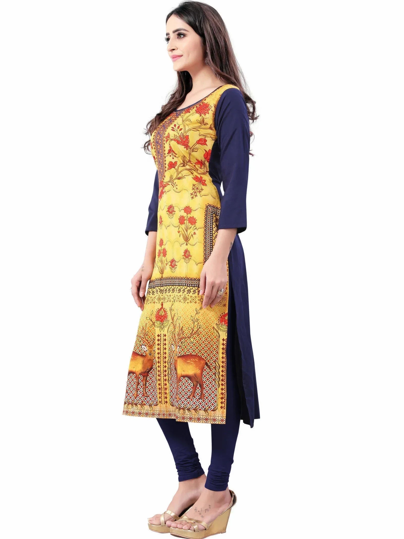 Yellow-Navy Blue Digital Floral Printed Crepe Readymade Kurti
