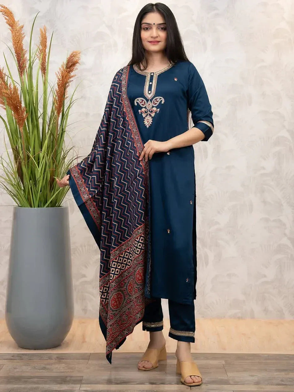 Navy blue embroidered kurta with patterned dupatta, ethnic wear for women