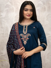 Pretty Navy Blue Chanderi Embroidered Straight Suit With Dupatta