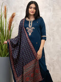 Pretty Navy Blue Chanderi Embroidered Straight Suit With Dupatta