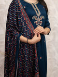 Pretty Navy Blue Chanderi Embroidered Straight Suit With Dupatta
