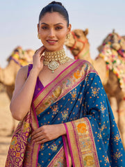 Incredible Teal Blue Zari Weaving Silk Wedding Wear Saree With Blouse