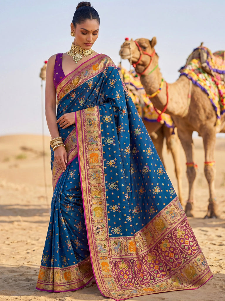 Incredible Teal Blue Zari Weaving Silk Wedding Wear Saree With Blouse