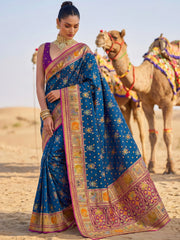 Incredible Teal Blue Zari Weaving Silk Wedding Wear Saree With Blouse