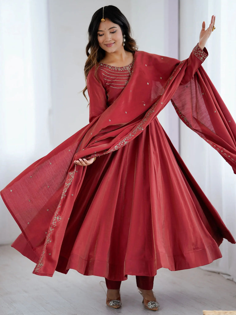 Timeless Maroon Chanderi Silk Embroidered Party Wear Anarkali Suit