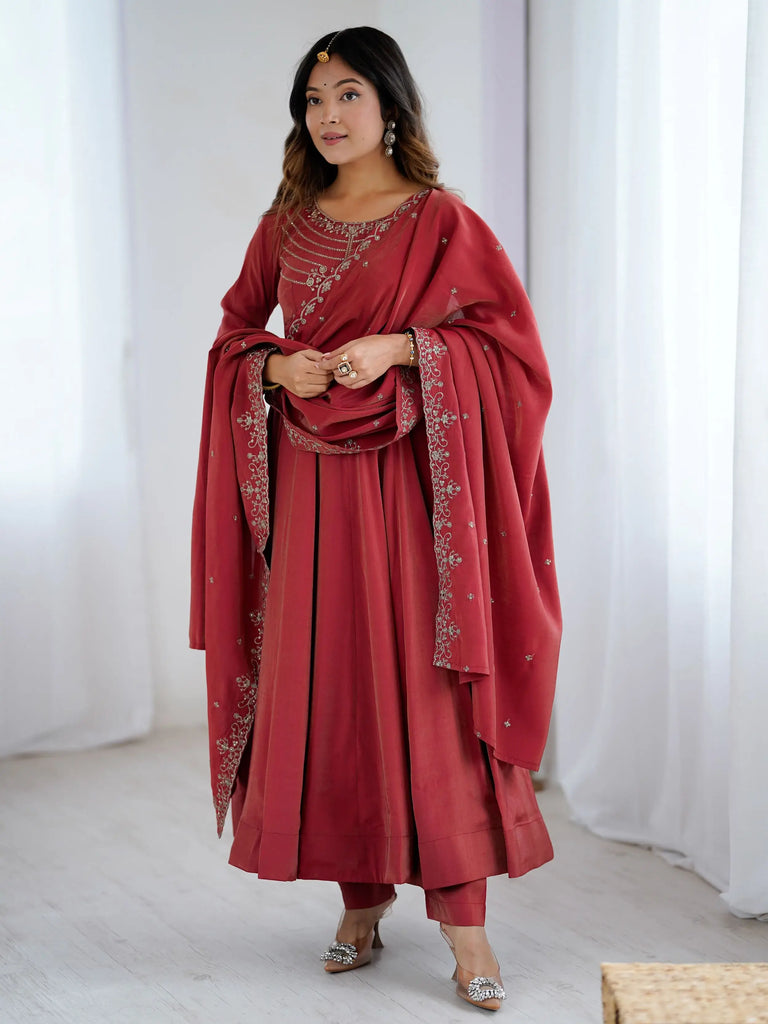 Timeless Maroon Chanderi Silk Embroidered Party Wear Anarkali Suit