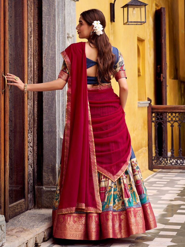 Stunning Navy Blue Zari Weaving Onam Wear Half Saree Lehenga