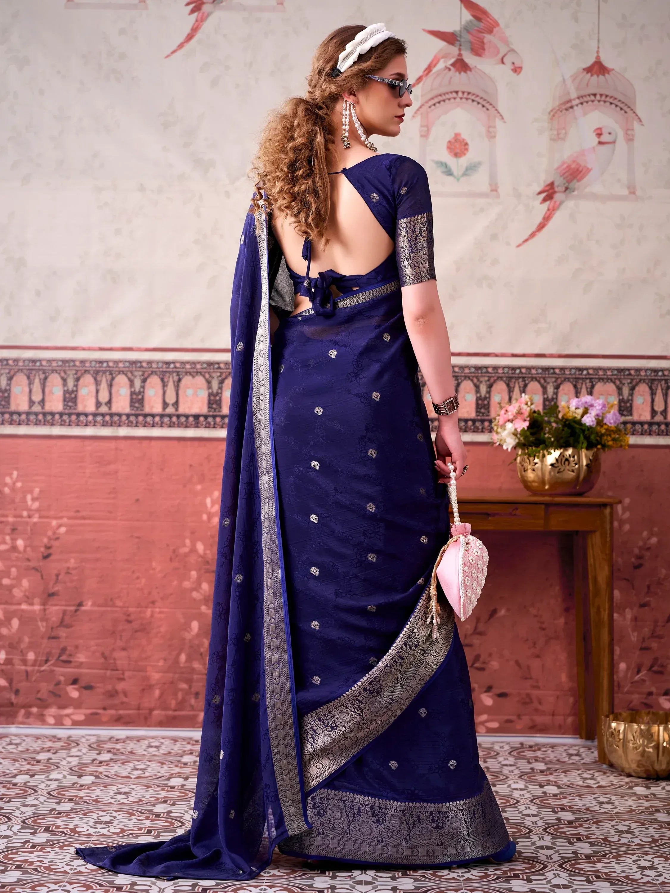Glorious Navy Blue Zari Weaving Chinon Designer Saree With Blouse