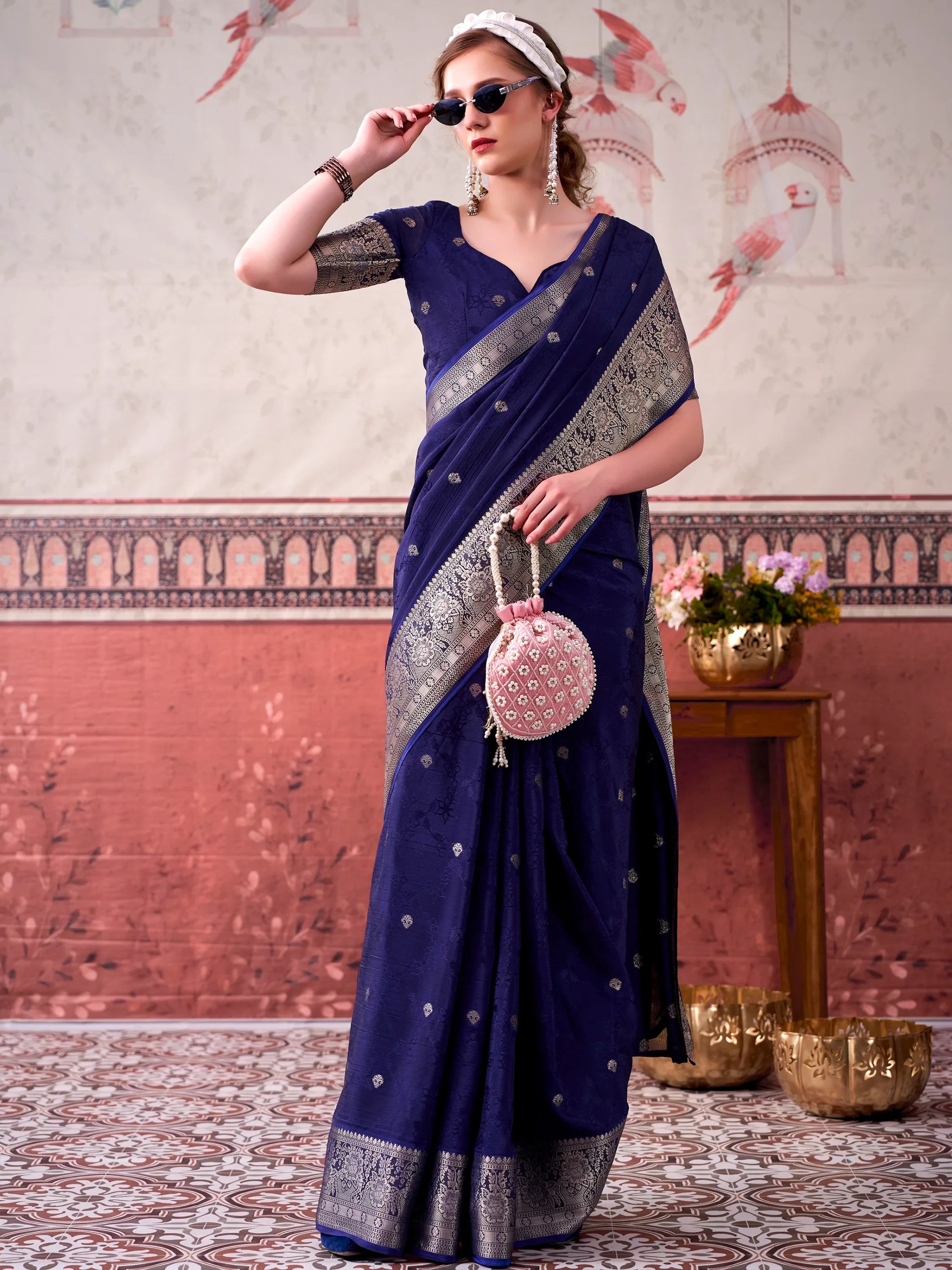 Glorious Navy Blue Zari Weaving Chinon Designer Saree With Blouse