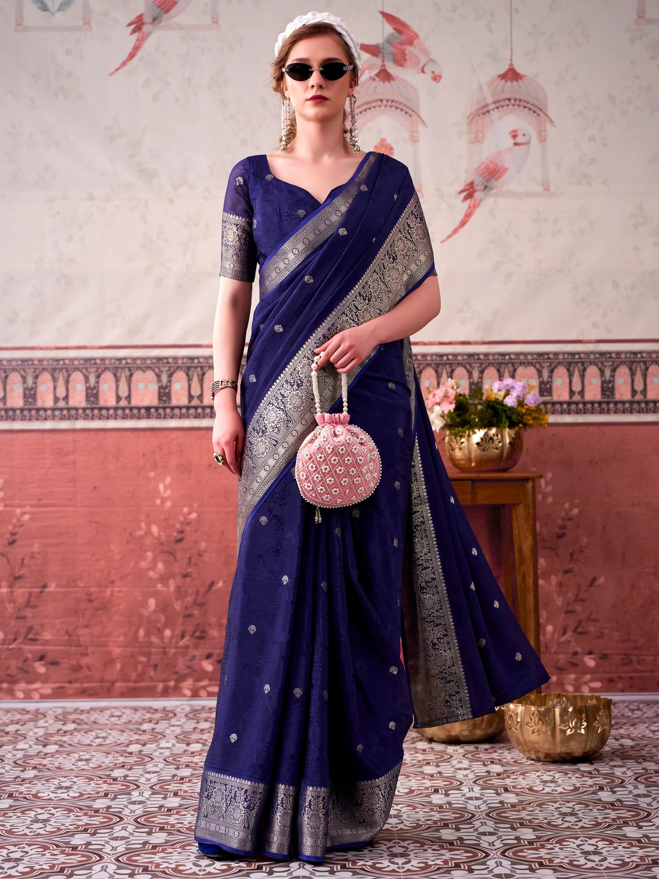 Glorious Navy Blue Zari Weaving Chinon Designer Saree With Blouse