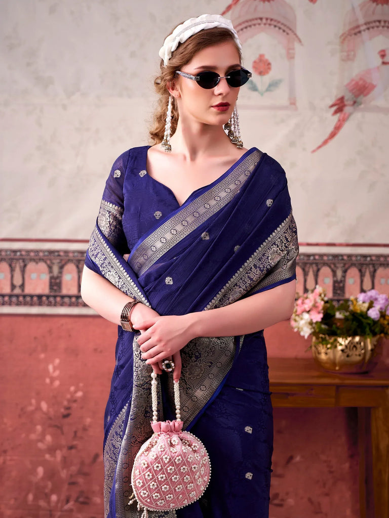 Glorious Navy Blue Zari Weaving Chinon Designer Saree With Blouse