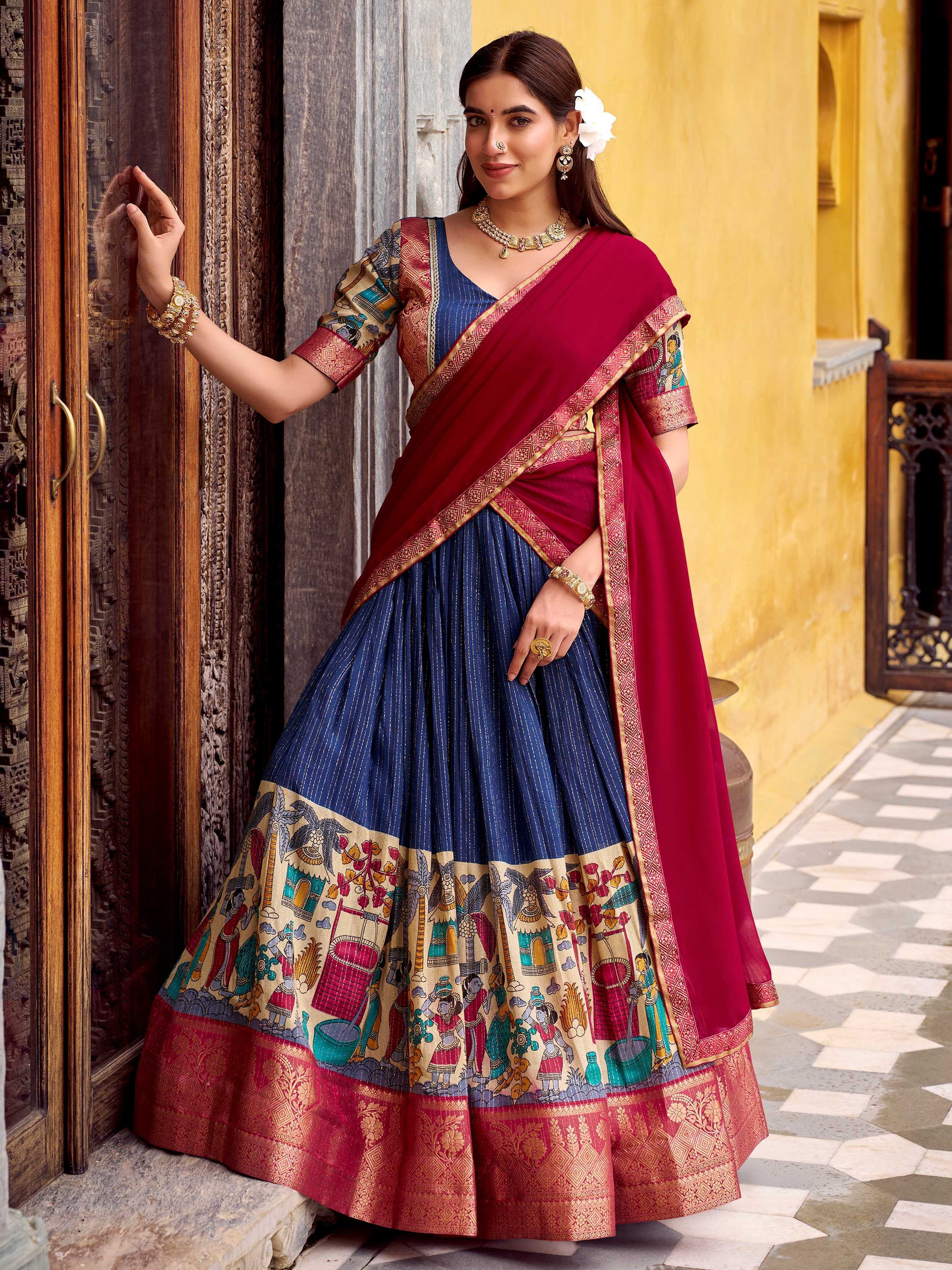 Stunning Navy Blue Zari Weaving Onam Wear Half Saree Lehenga