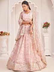 Prominent Pastel Pink Sequins Embroidery Net Lehenga Choli