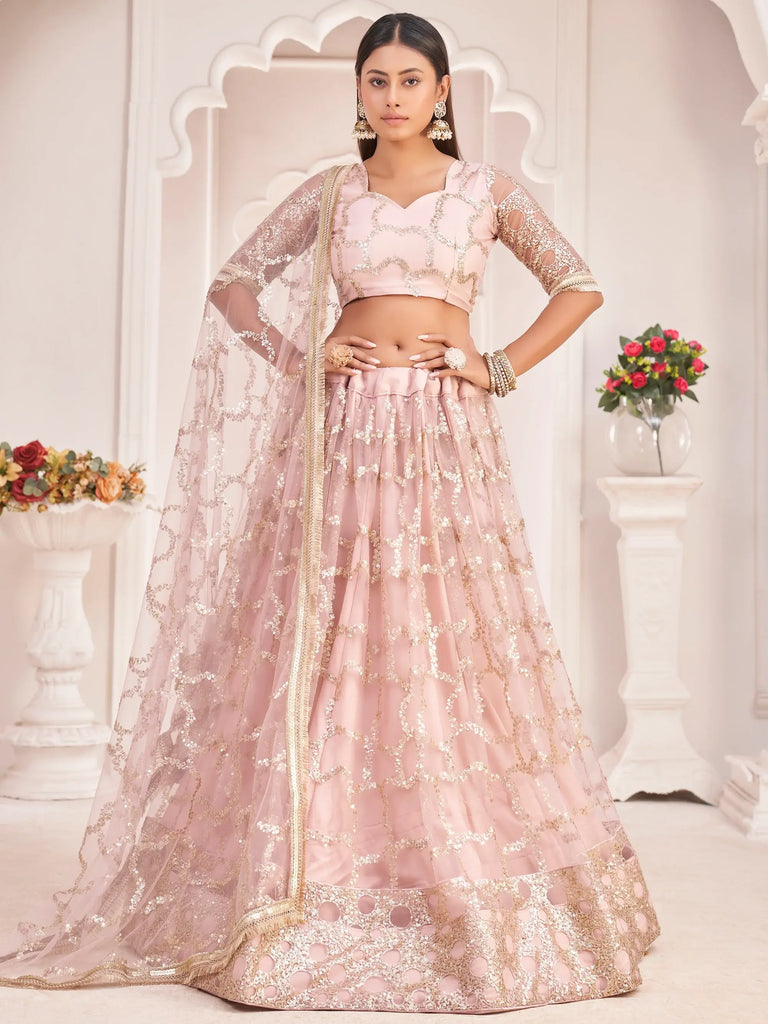 Prominent Pastel Pink Sequins Embroidery Net Lehenga Choli