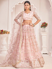 Prominent Pastel Pink Sequins Embroidery Net Lehenga Choli