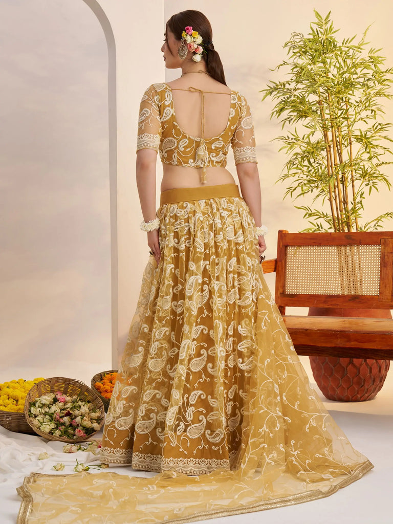 Superior Yellow Thread Embroidered Net Lehenga Choli With Dupatta