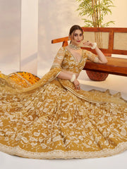 Superior Yellow Thread Embroidered Net Lehenga Choli With Dupatta