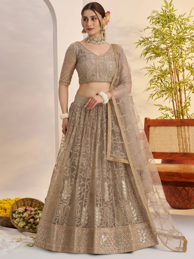 Gleaming Gray Sequins Net Bridesmaid Lehenga Choli With Dupatta