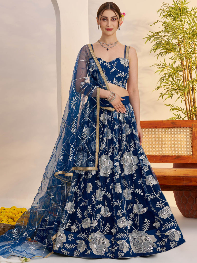 Awesome Teal Blue Thread Embroidered Net Party Wear Lehenga Choli