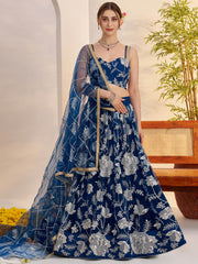 Awesome Teal Blue Thread Embroidered Net Party Wear Lehenga Choli