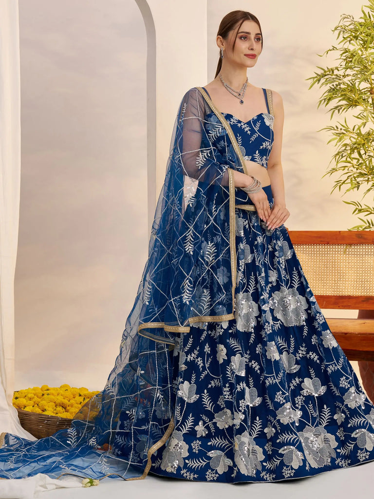 Awesome Teal Blue Thread Embroidered Net Party Wear Lehenga Choli