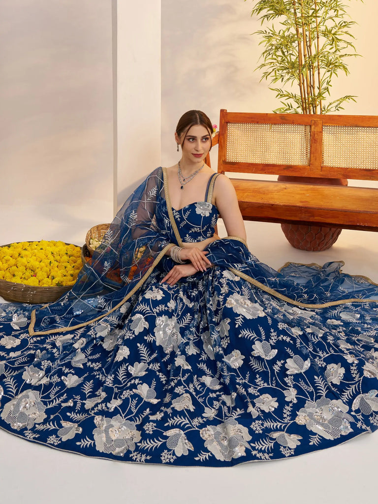 Awesome Teal Blue Thread Embroidered Net Party Wear Lehenga Choli