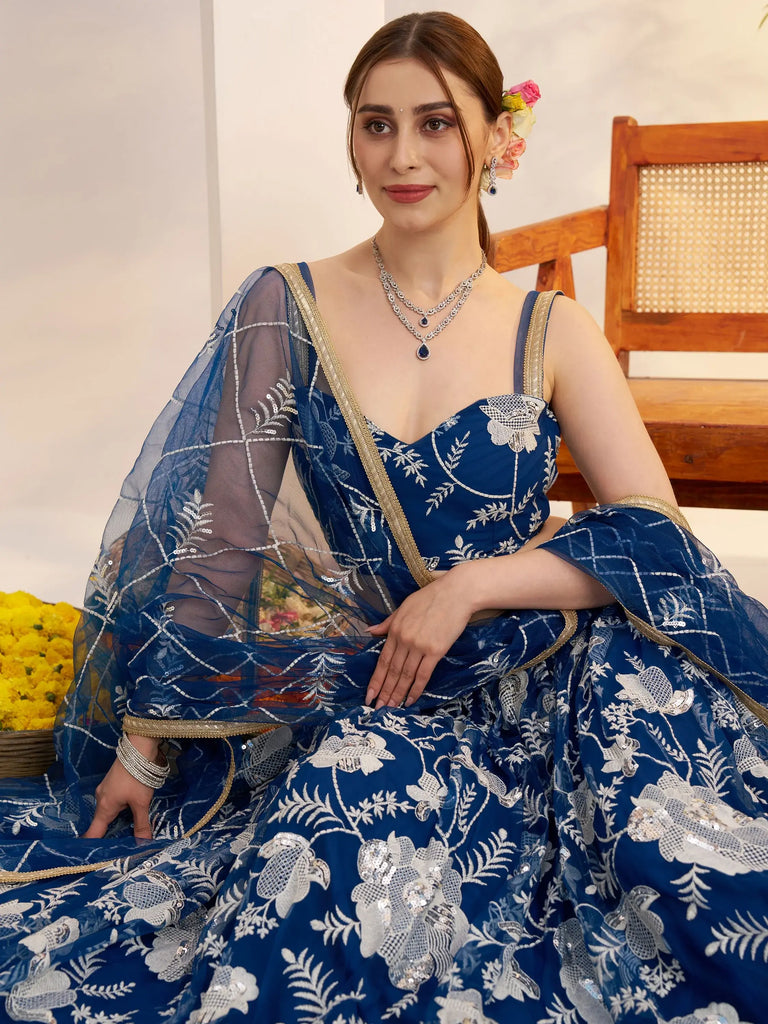 Awesome Teal Blue Thread Embroidered Net Party Wear Lehenga Choli