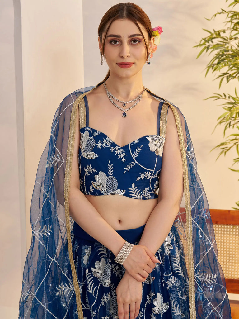 Awesome Teal Blue Thread Embroidered Net Party Wear Lehenga Choli