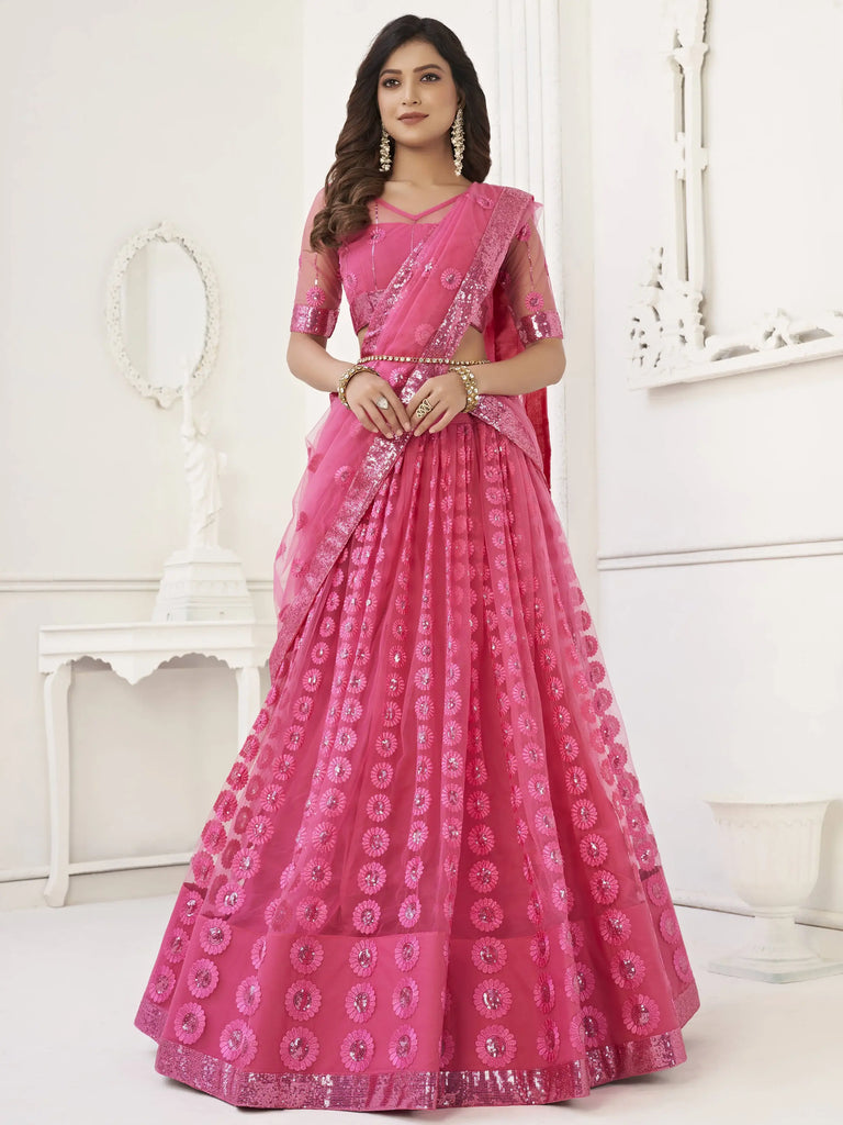 Astonishing Pink Sequins Net Reception Wear Wear Lehenga Choli