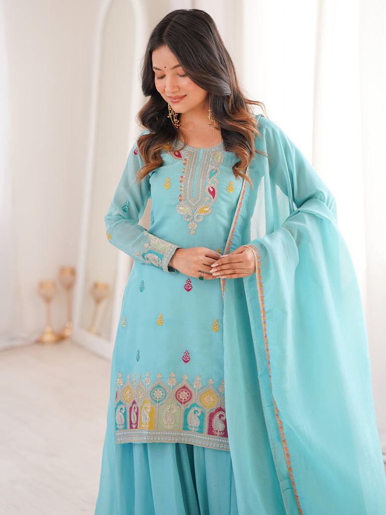 Gorgeous Sky Blue Zari Embroidered Silk Festival Wear Sharara Suit 
