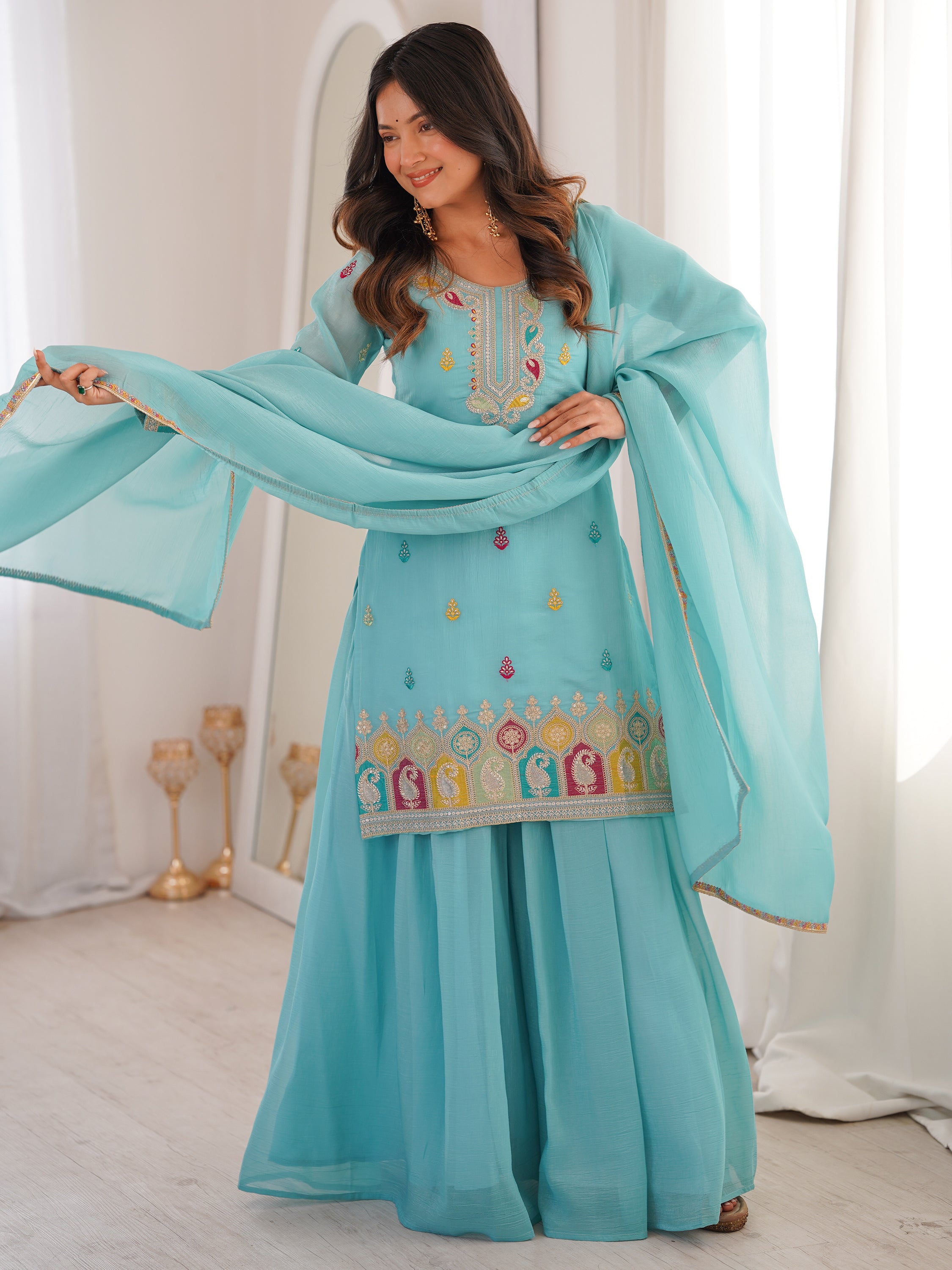 Gorgeous Sky Blue Zari Embroidered Silk Festival Wear Sharara Suit 
