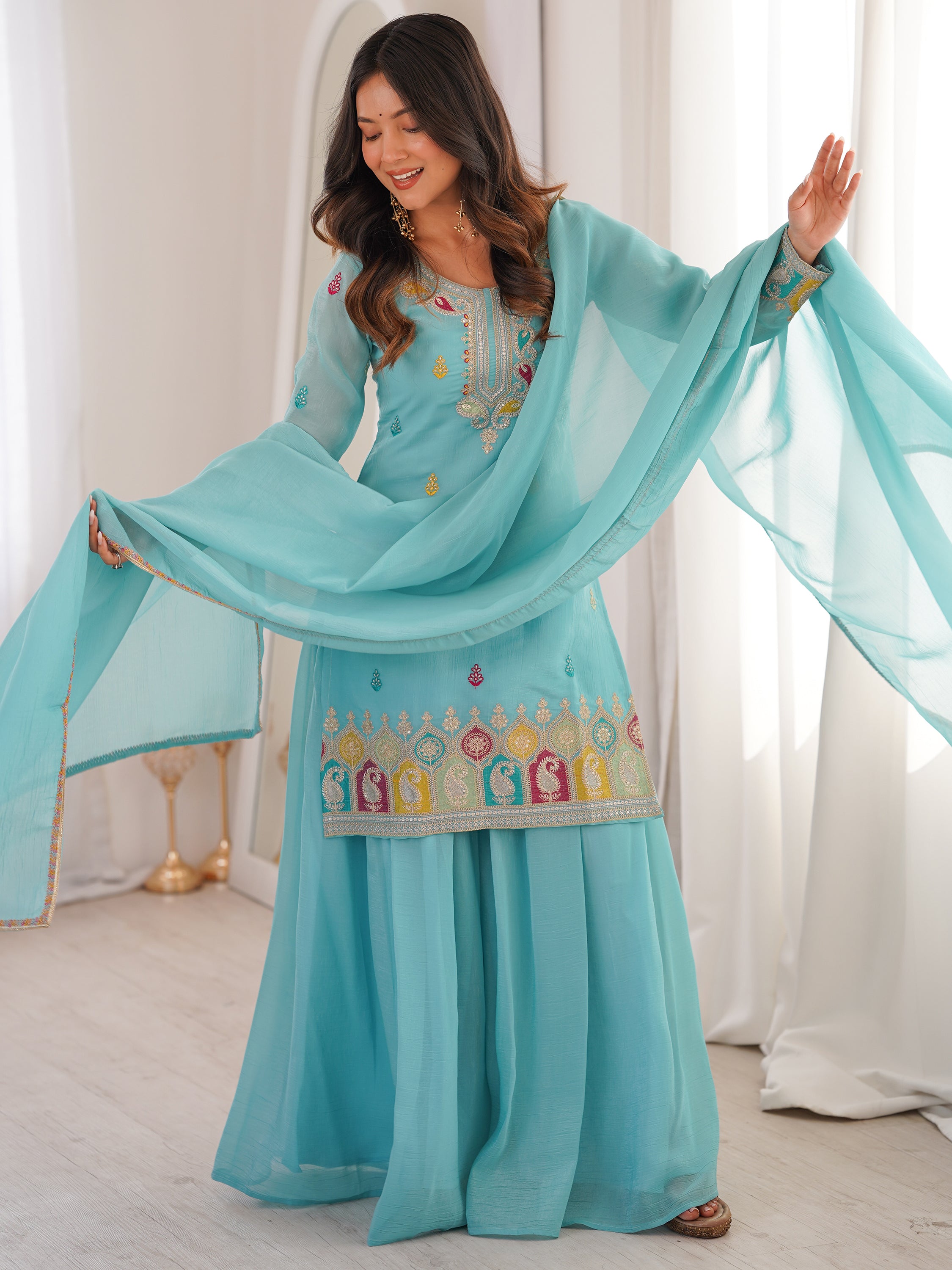 Gorgeous Sky Blue Zari Embroidered Silk Festival Wear Sharara Suit 