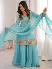 Gorgeous Sky Blue Zari Embroidered Silk Festival Wear Sharara Suit 