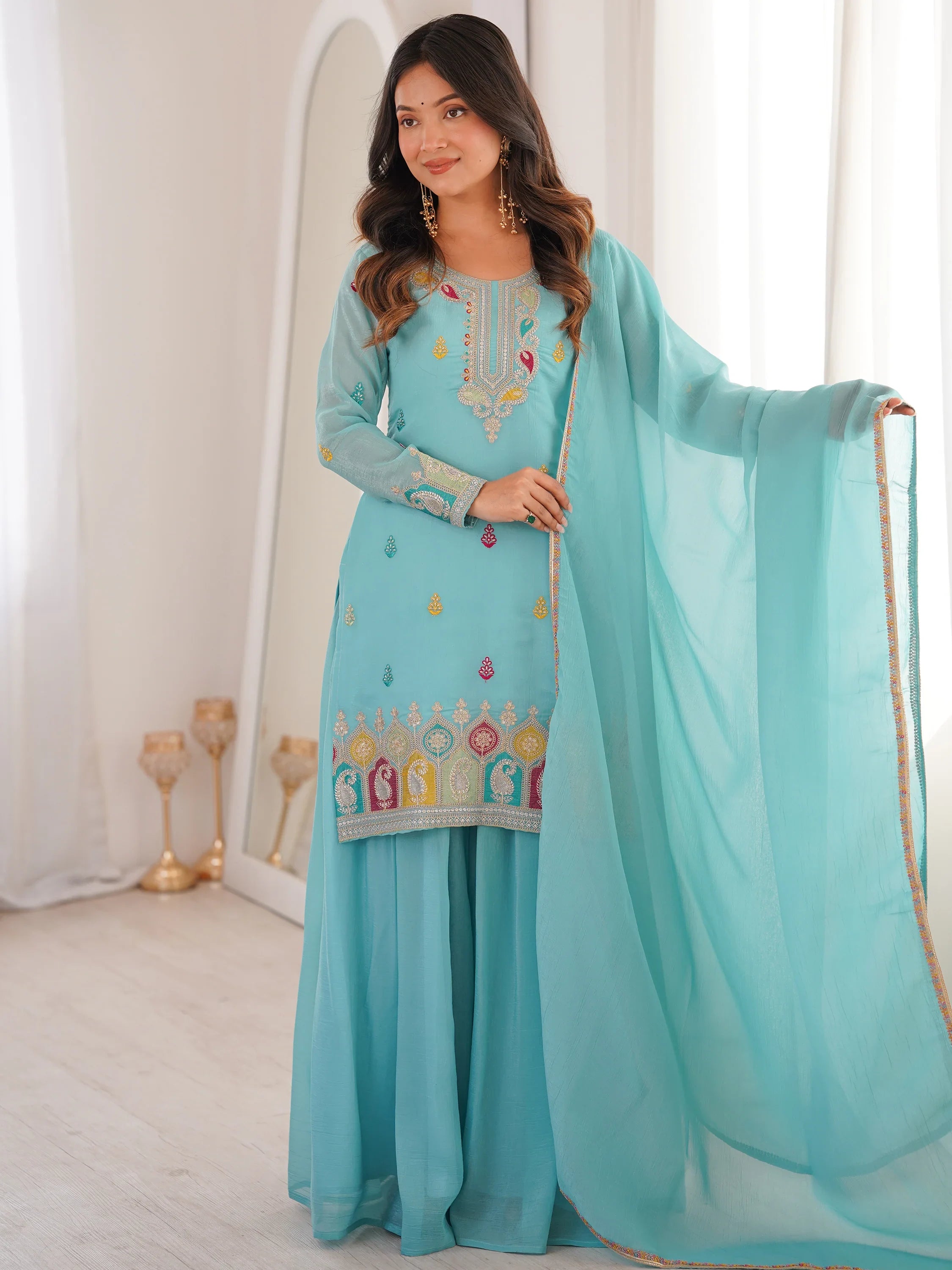 Gorgeous Sky Blue Zari Embroidered Silk Festival Wear Sharara Suit 