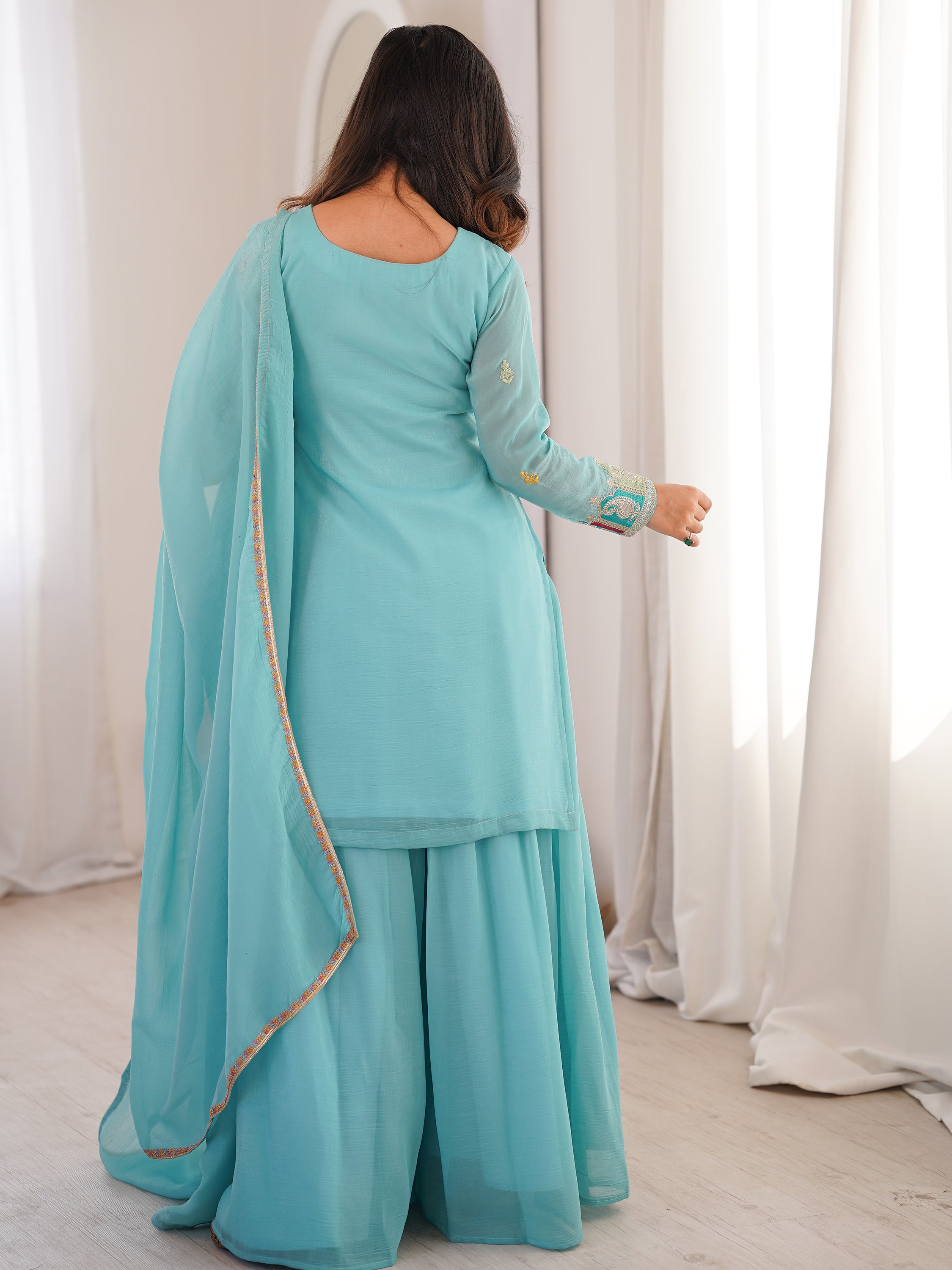 Gorgeous Sky Blue Zari Embroidered Silk Festival Wear Sharara Suit 