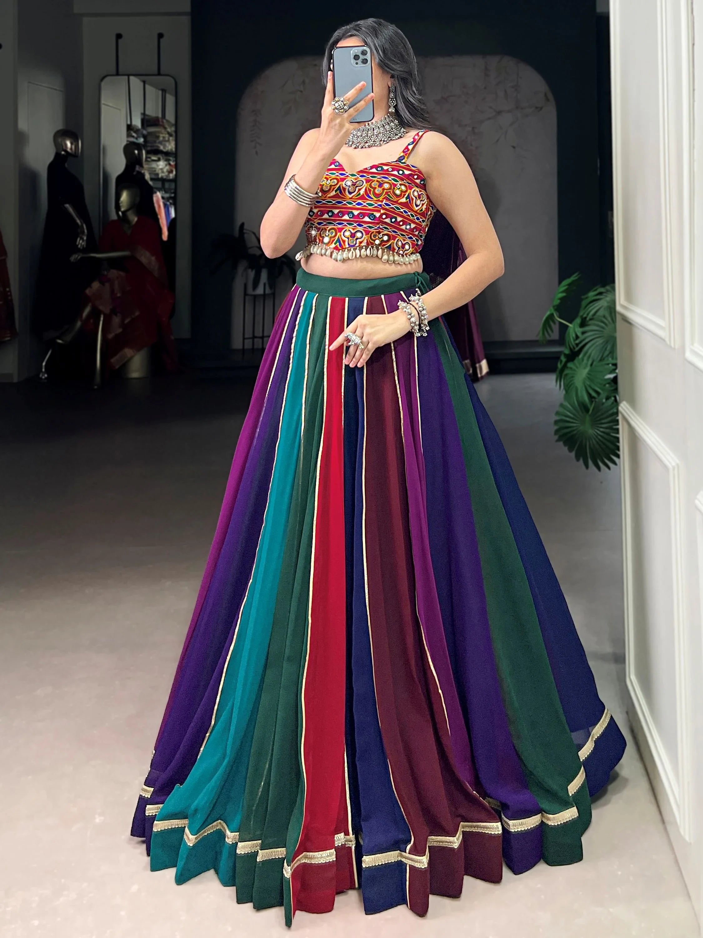 Wonderful Multi-Color Rayon Navratri Lehenga With Gamthi Work Choli