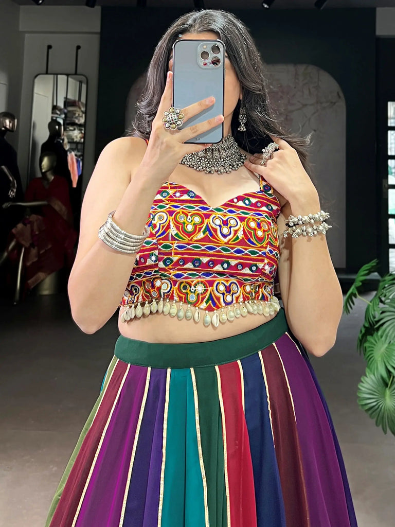 Wonderful Multi-Color Rayon Navratri Lehenga With Gamthi Work Choli