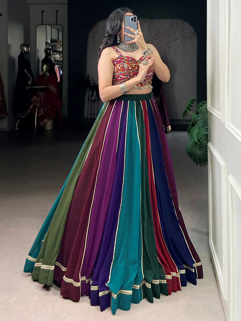 Wonderful Multi-Color Rayon Navratri Lehenga With Gamthi Work Choli
