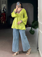 Attractive light Green Laheriya Printed Cotton Navratri Special Top