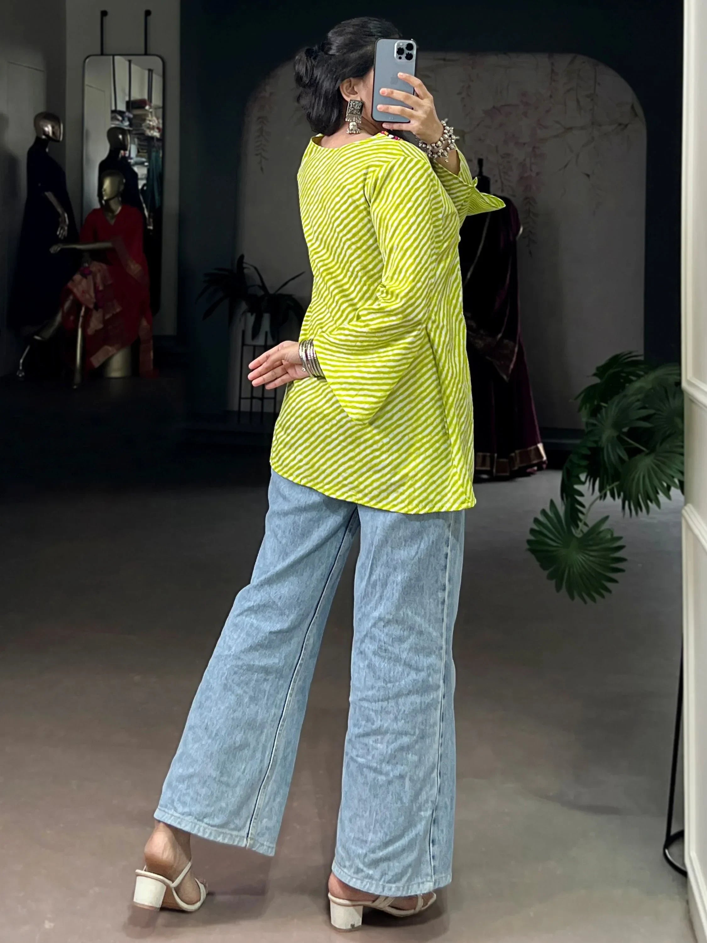 Attractive light Green Laheriya Printed Cotton Navratri Special Top