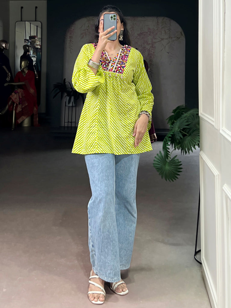 Attractive light Green Laheriya Printed Cotton Navratri Special Top