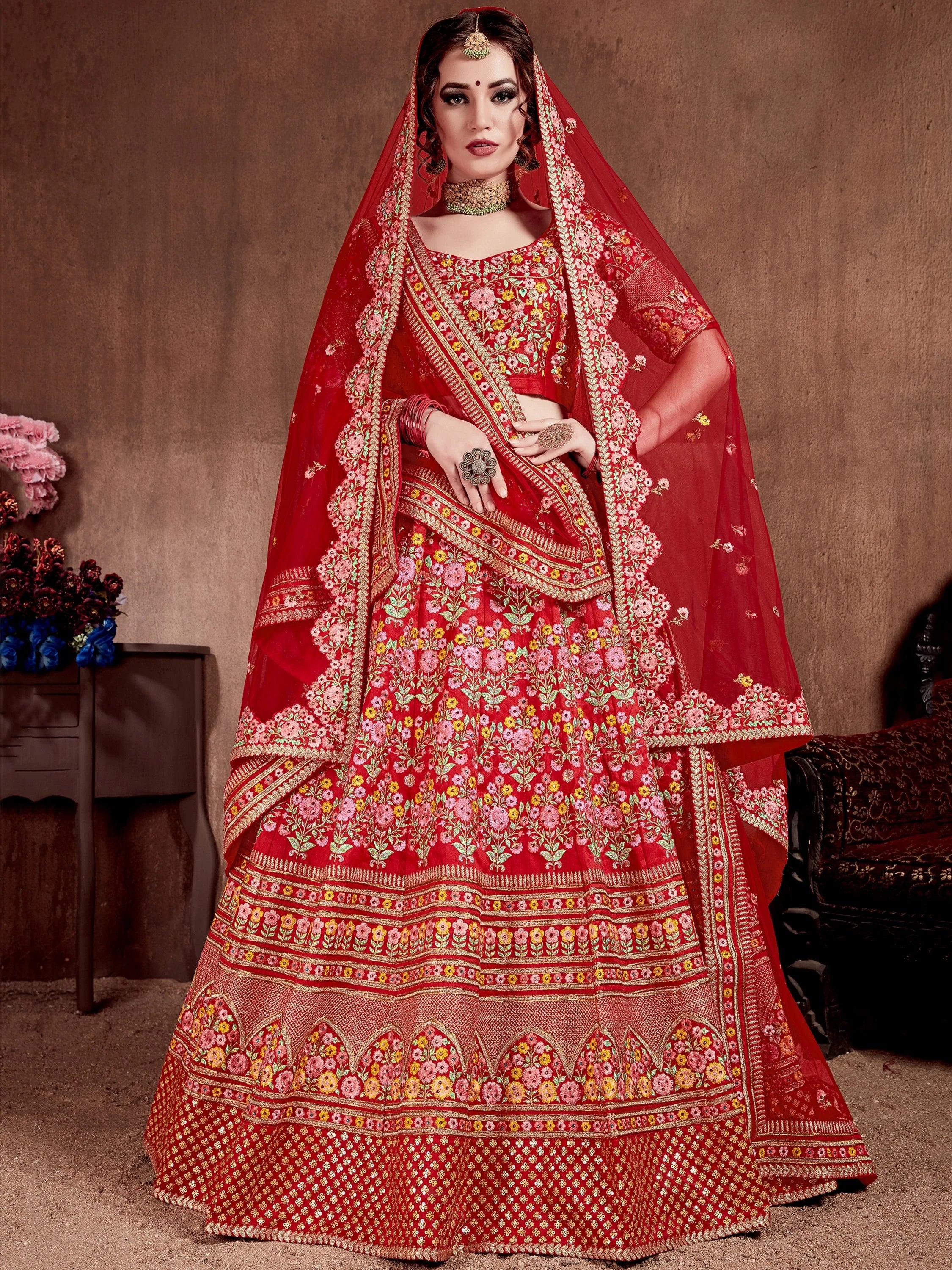 Great Red Silk Bridal Plus Size Lehenga Choli With Double Dupatta