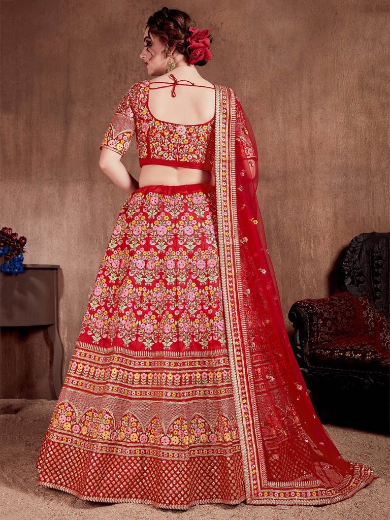 Red Embroidered Art Silk Bridal Lehenga Choli with Two Dupattas