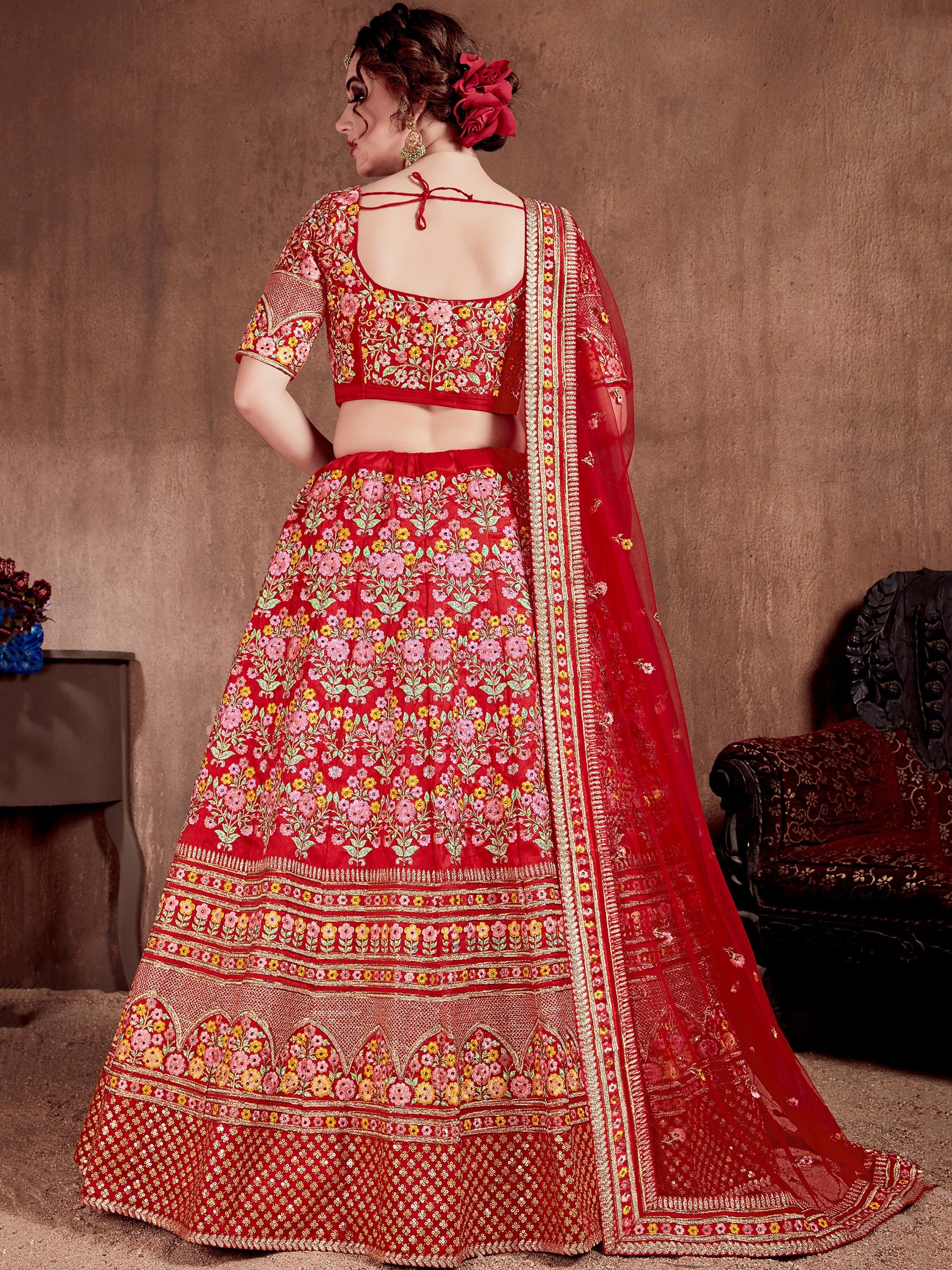 Great Red Silk Bridal Plus Size Lehenga Choli With Double Dupatta