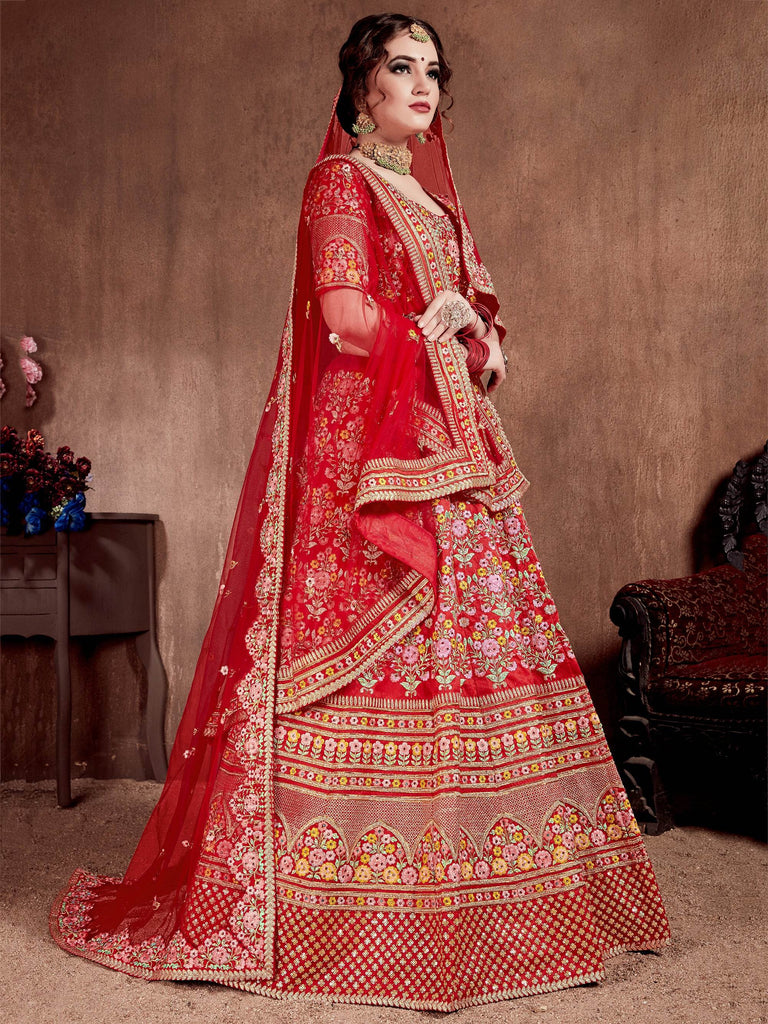 Red Embroidered Art Silk Bridal Lehenga Choli with Two Dupattas