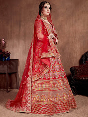 Red Embroidered Art Silk Bridal Lehenga Choli with Two Dupattas